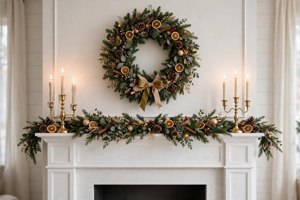 Symmetrical Christmas mantel styling with matching candle holders