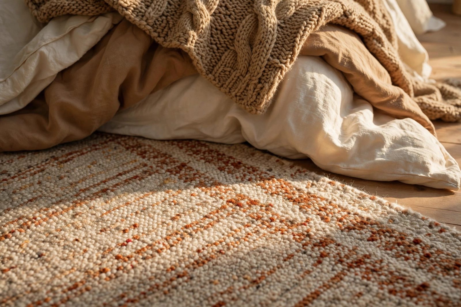 Wool rug beside bed with winter bedding