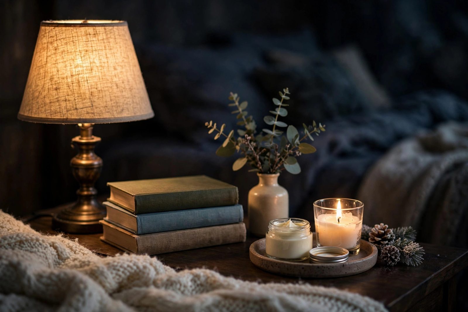 Nightstand with lamp, books, candle, eucalyptus