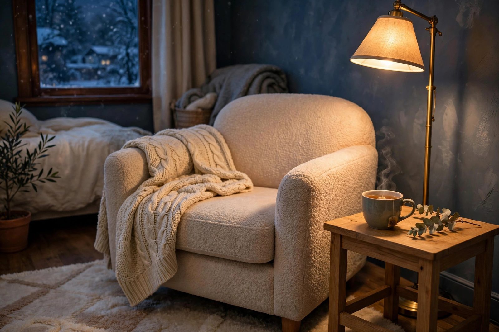 Bedroom reading corner with armchair and lamp