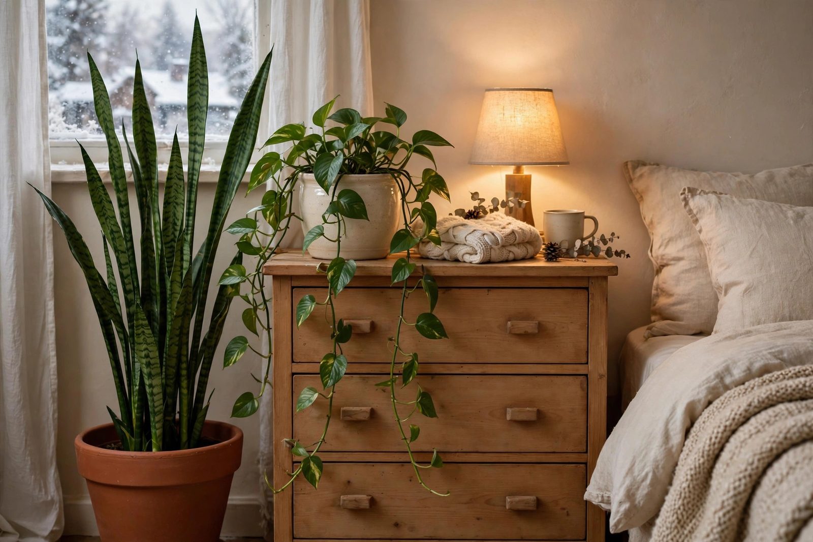 Snake plant and pothos in terracotta pots