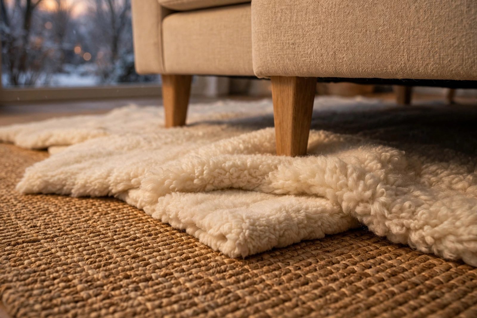 Layered winter rugs: plush cream rug over a natural jute base