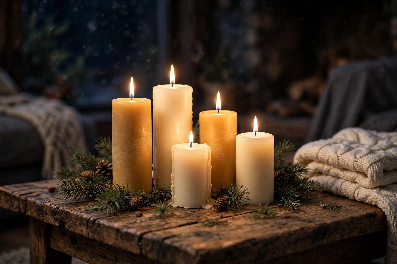 Cluster of lit pillar candles at different heights on a coffee table