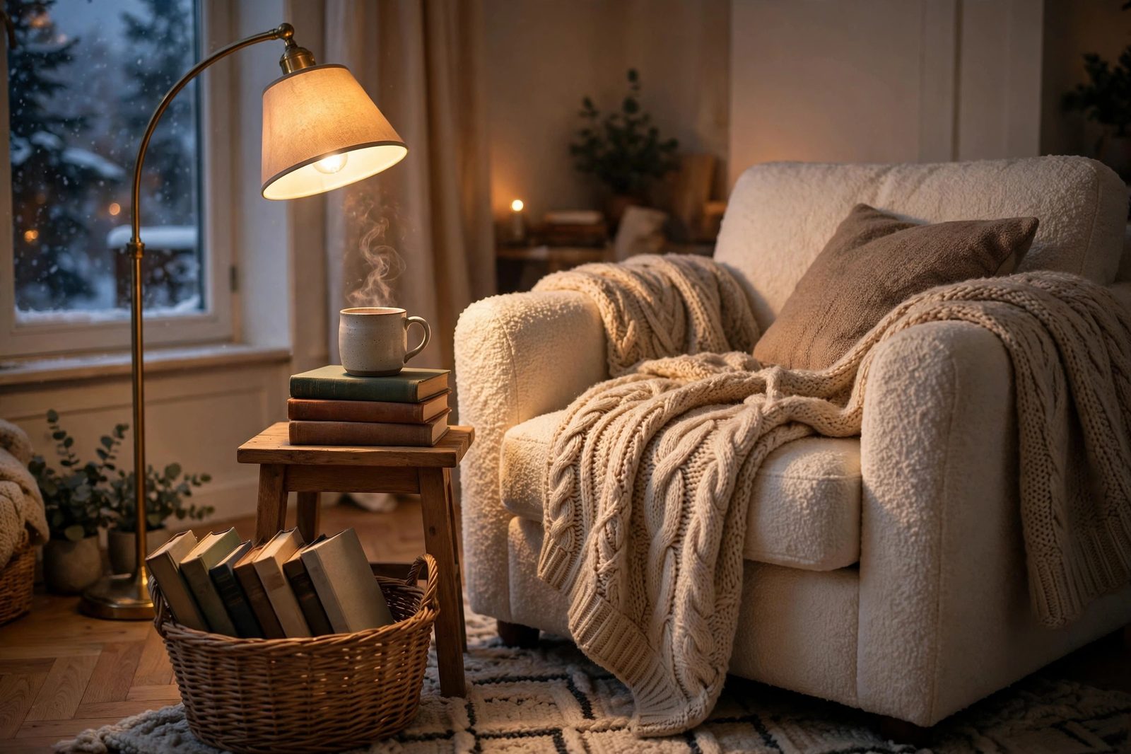 Cozy winter reading corner with armchair, knit throw, and warm floor lamp