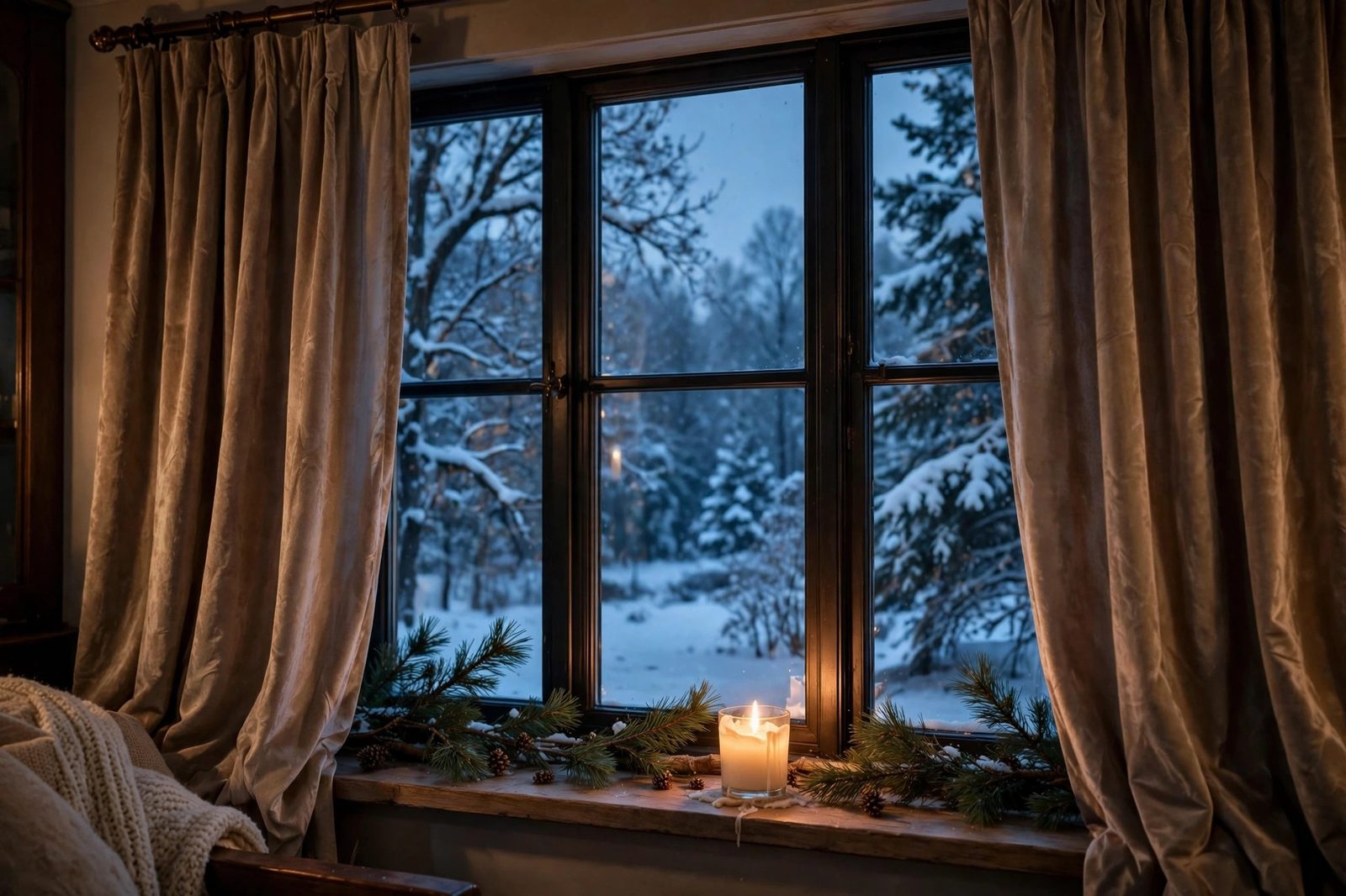 Winter living room window with heavy curtains, candle on the sill, snow outside