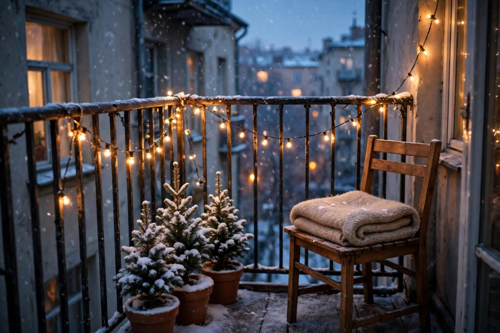 Tiny apartment balcony glowing with warm winter string lights