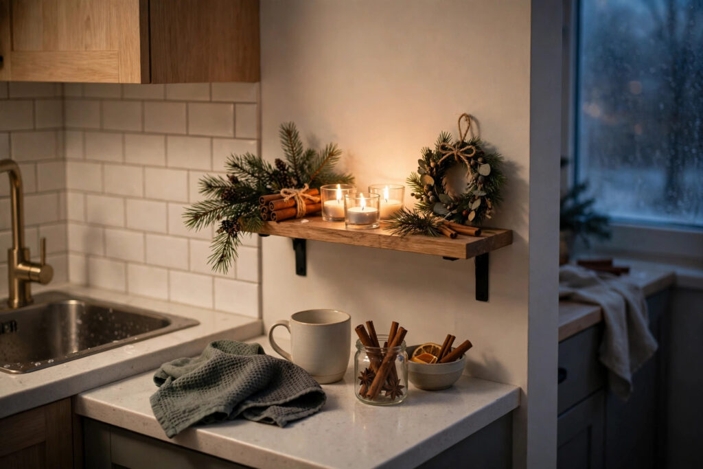Small apartment kitchen corner styled with winter greenery and warm lights