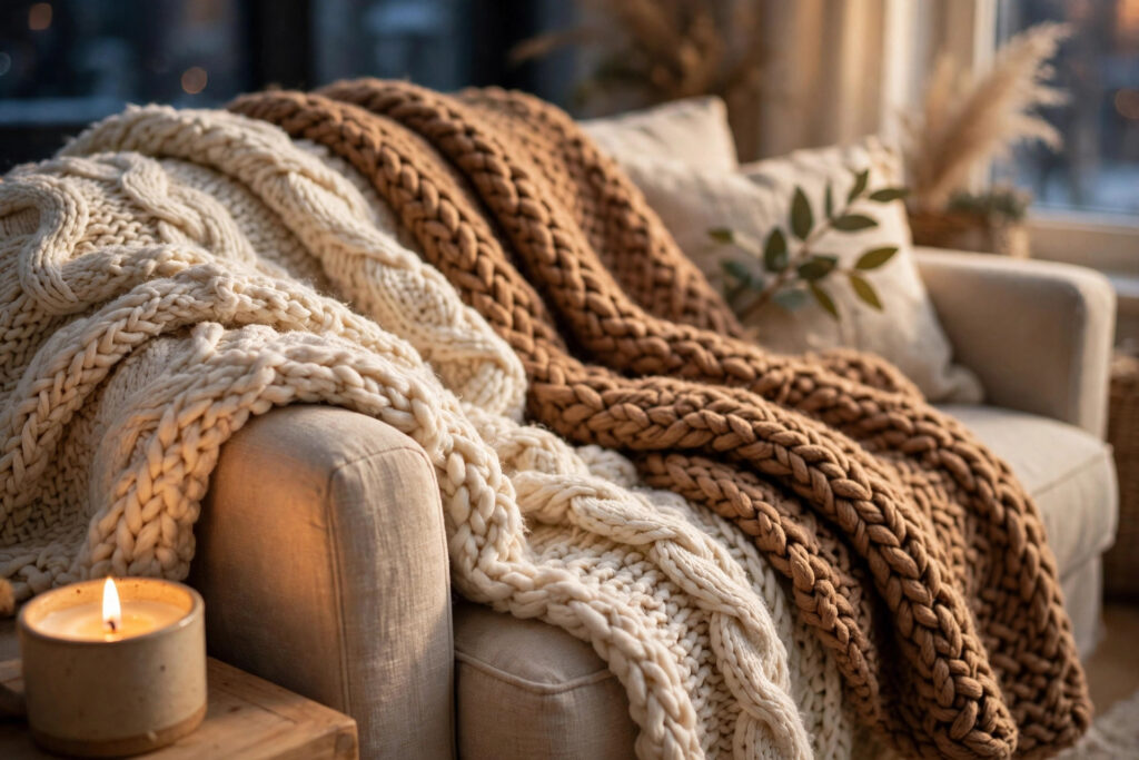 Chunky knit throw blankets draped over a small apartment sofa for winter coziness