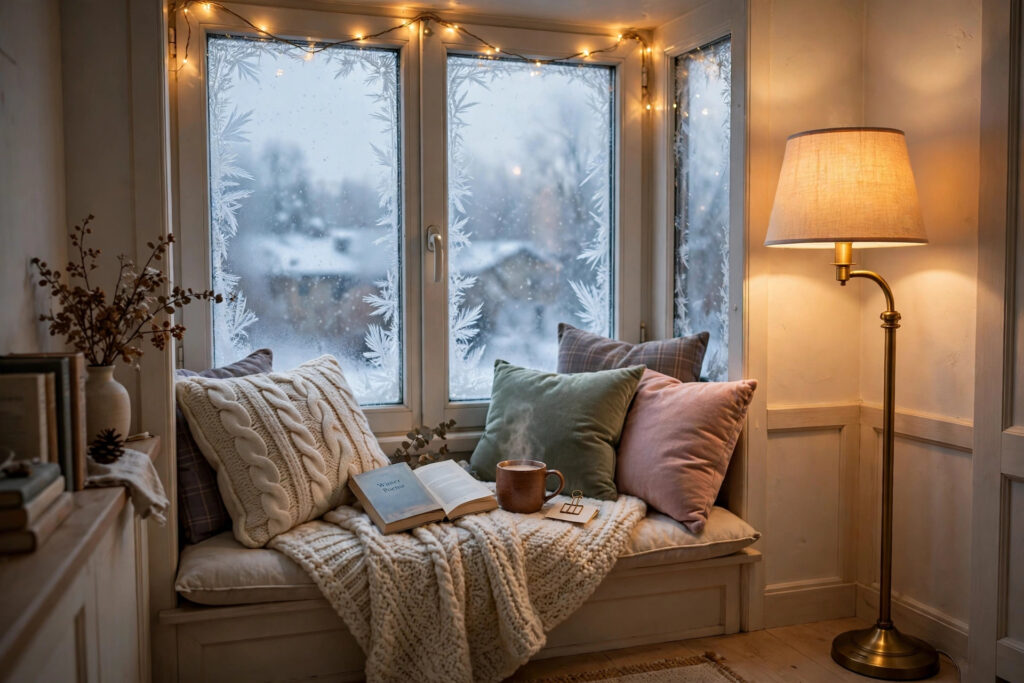 Small apartment window nook turned into a cozy winter reading corner