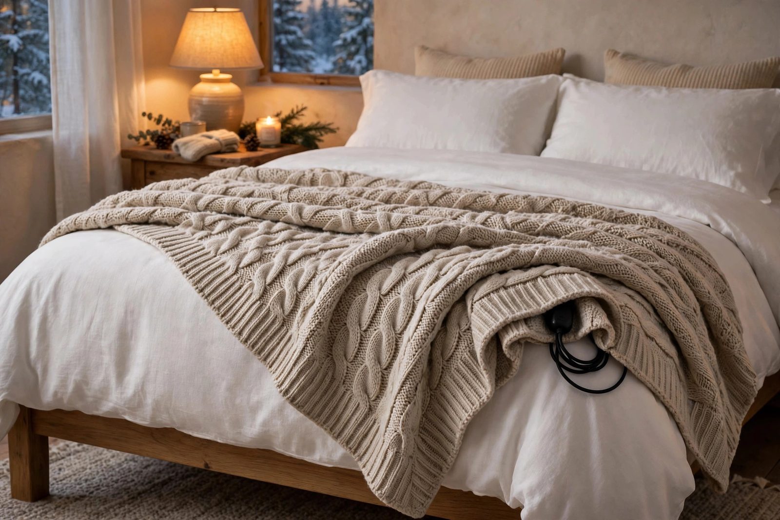 Heated throw blanket draped over the foot of a winter bed