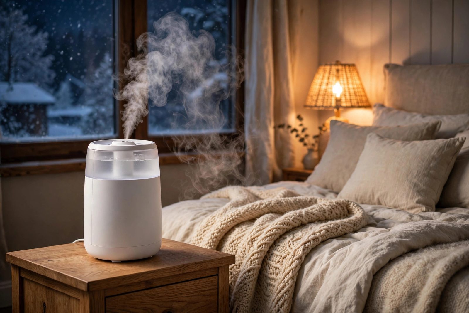 Bedroom humidifier on a nightstand releasing gentle mist beside a bed
