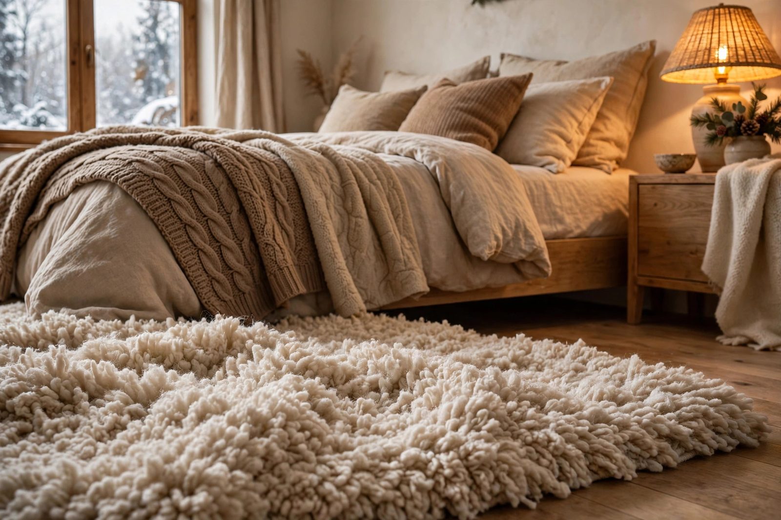 Plush area rug beside a bed in a cozy winter bedroom