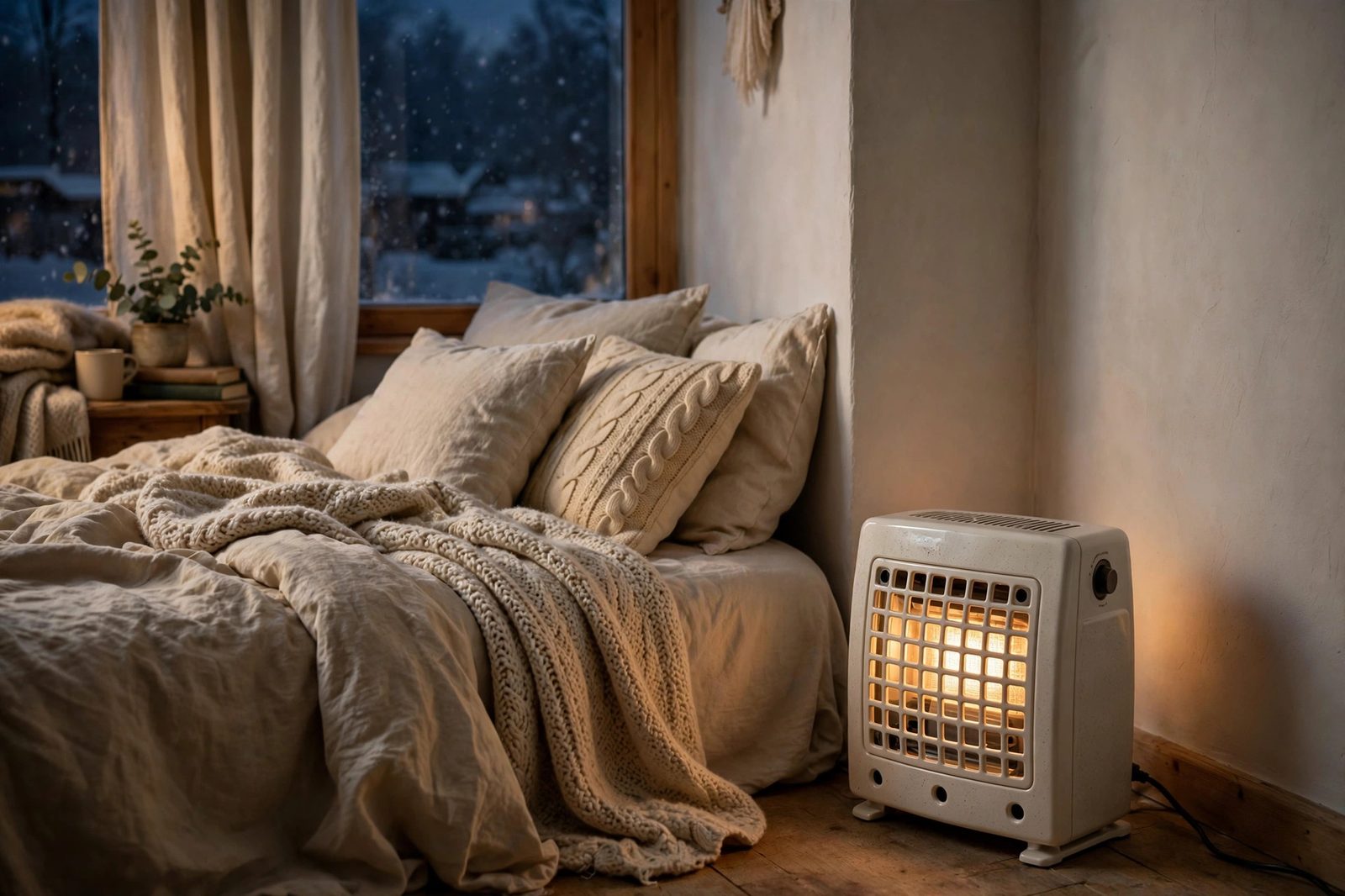 Ceramic space heater warming a cozy winter bedroom corner